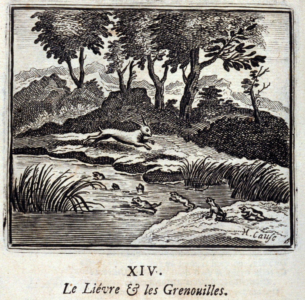 Lievre a žáby. Bajky Jean de La Fontaine (1621-95). Ilustrace François Chauveau (1613-1676). Vydání z roku 1728. od Francois Chauveau