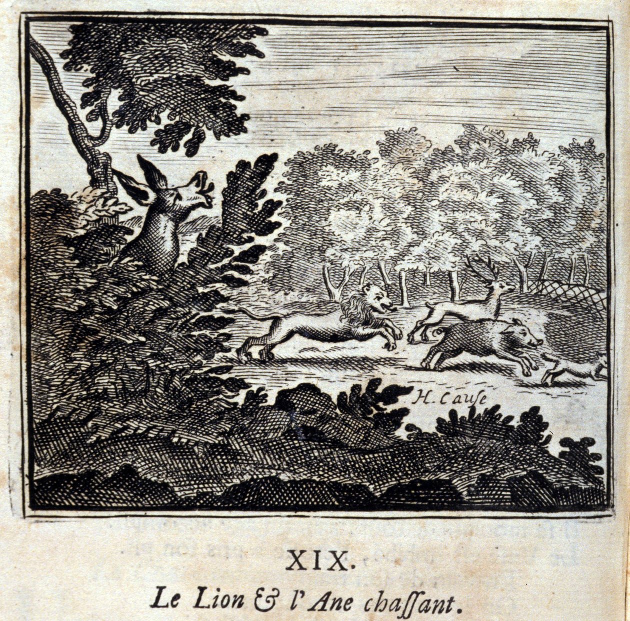 Lov lva a osla. Bajky Jean de La Fontaine (1621-95). Ilustrace François Chauveau (1613-1676). Vydání z roku 1728. od Francois Chauveau