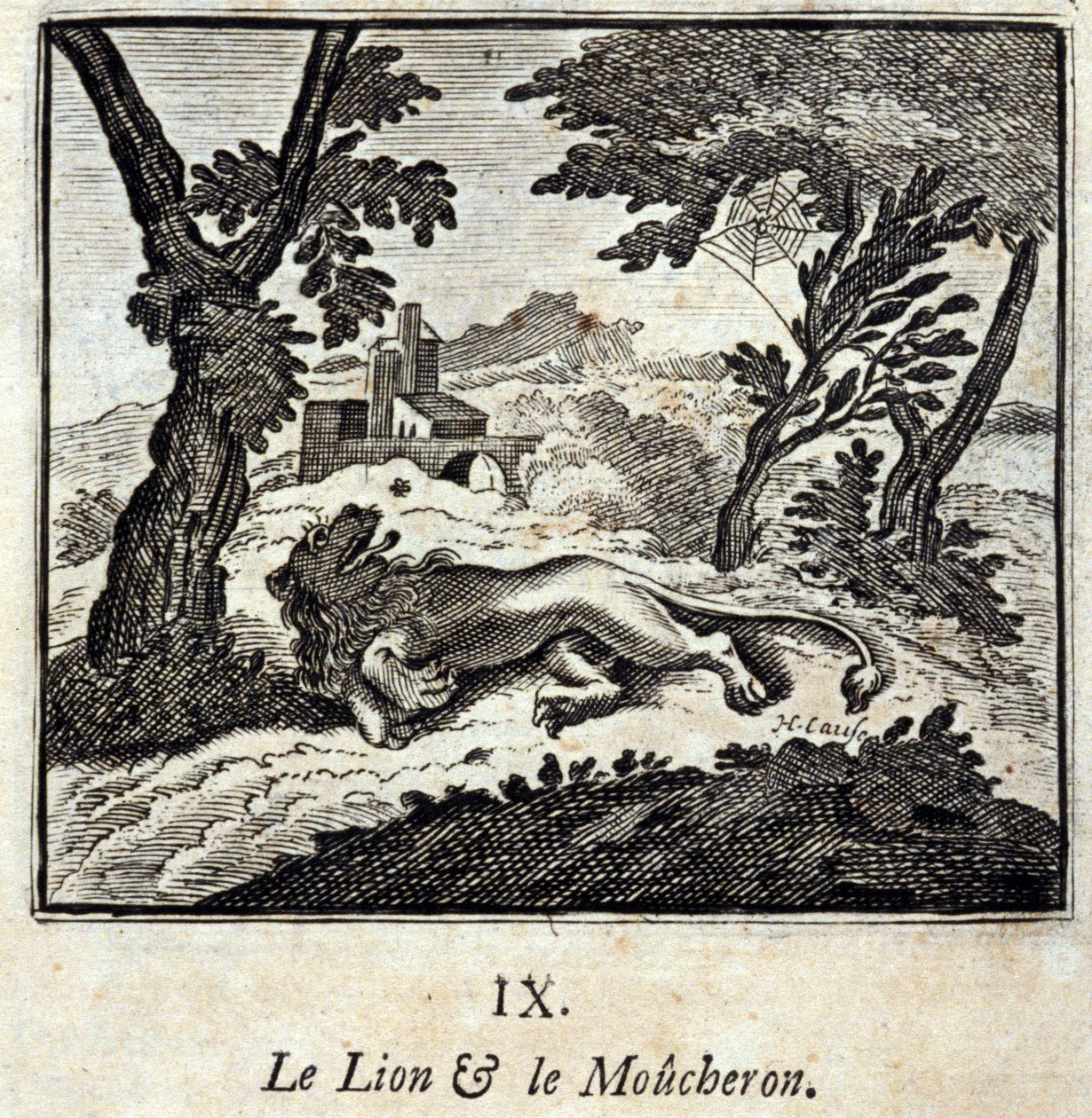Lev a mucholapka. Bajky Jean de La Fontaine (1621-95). Ilustrace Francois Chauveau (1613-1676). Vydání z roku 1728. od Francois Chauveau