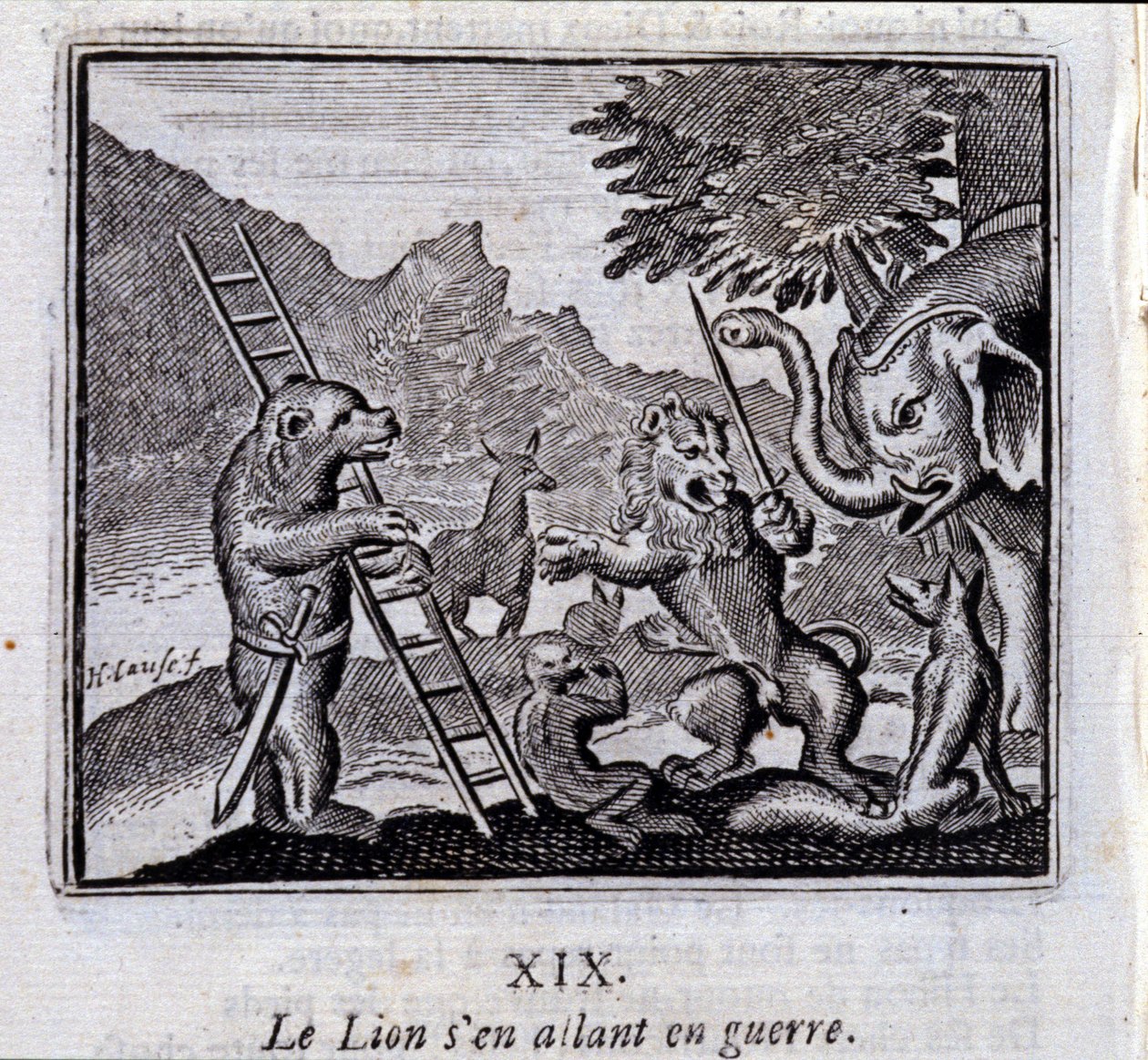 Lev jde do války. Bajky Jean de La Fontaine (1621-95). Ilustrace Francois Chauveau (1613-1676). Vydání z roku 1728. od Francois Chauveau
