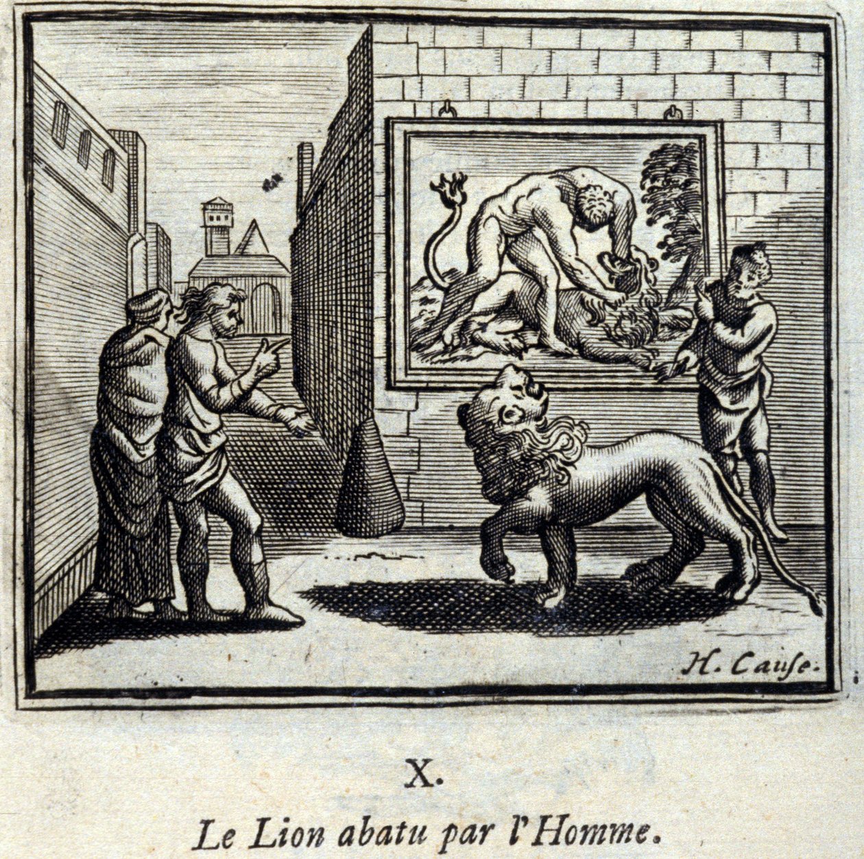 Lev sestřelil Člověk. Bajky Jean de La Fontaine (1621-95). Ilustrace François Chauveau (1613-1676). Vydání z roku 1728. od Francois Chauveau