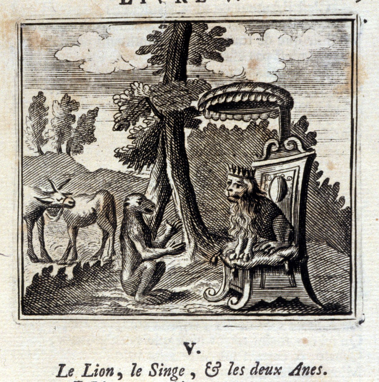 Opice lev a dvě Anes. Bajky Jean de La Fontaine (1621-95). Ilustrace François Chauveau (1613-1676). Vydání z roku 1728. od Francois Chauveau