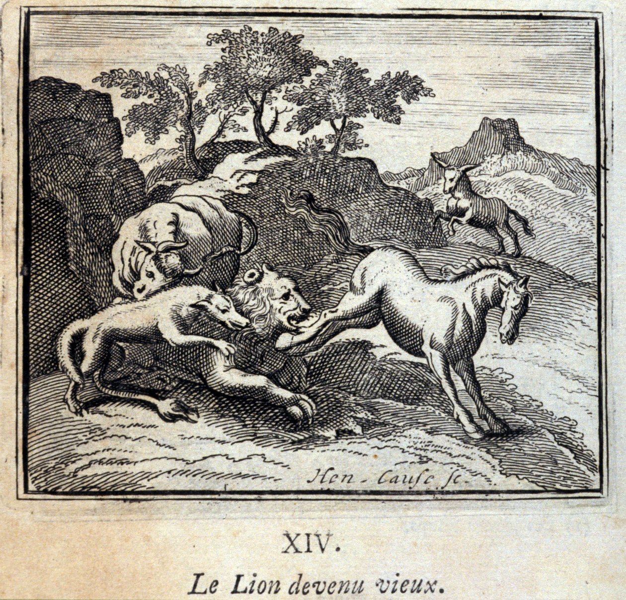 Lev zestárl. Bajky Jean de La Fontaine (1621-95). Ilustrace Francois Chauveau (1613-1676). Vydání z roku 1728. od Francois Chauveau