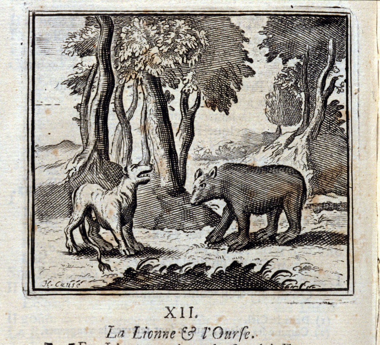 Lvice a medvěd. Bajky Jean de La Fontaine (1621-95). Ilustrace François Chauveau (1613-1676). Vydání z roku 1728. od Francois Chauveau
