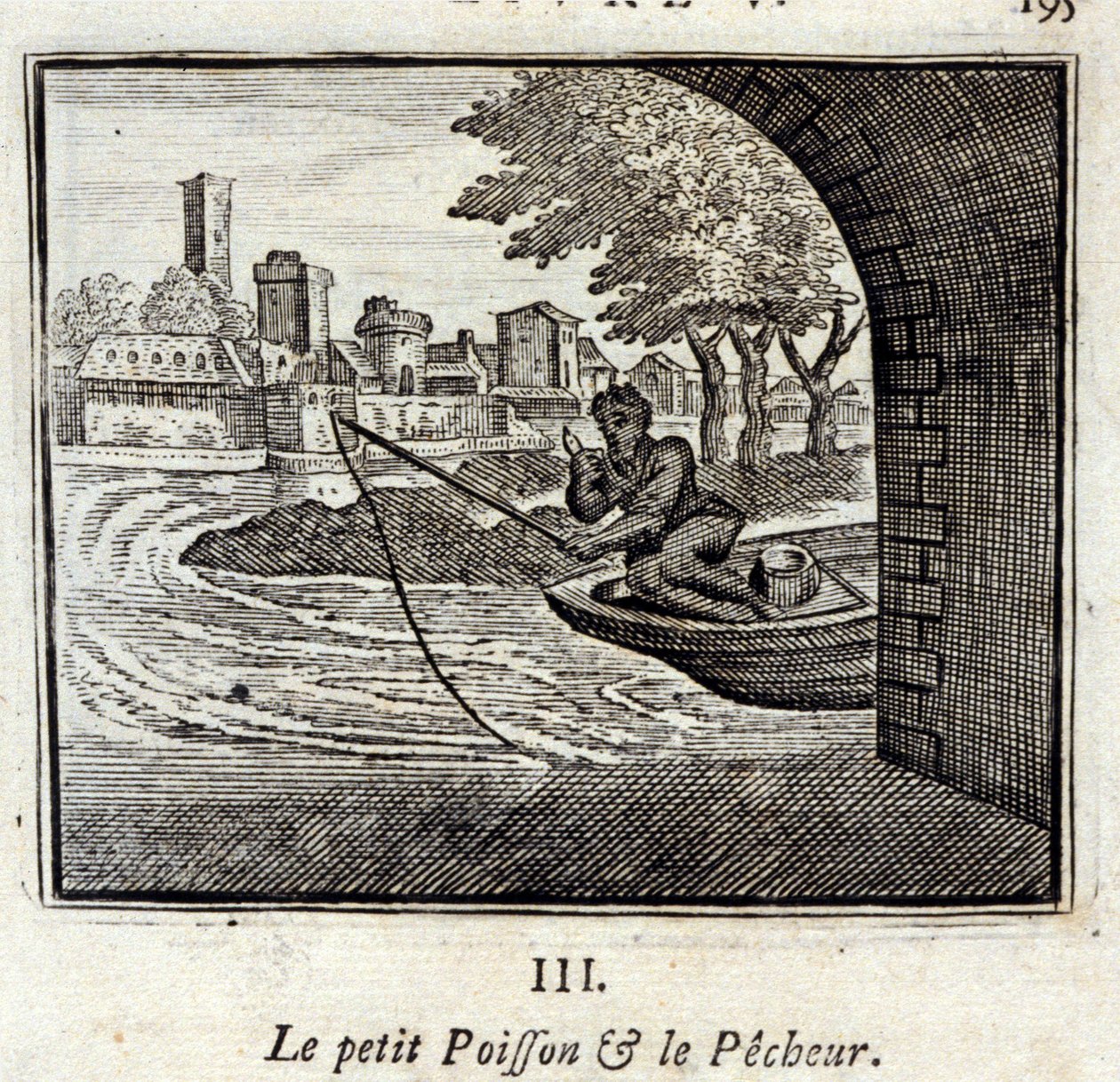 Rybička a rybář. Bajky Jean de La Fontaine (1621-95). Ilustrace François Chauveau (1613-1676). Vydání z roku 1728. od Francois Chauveau