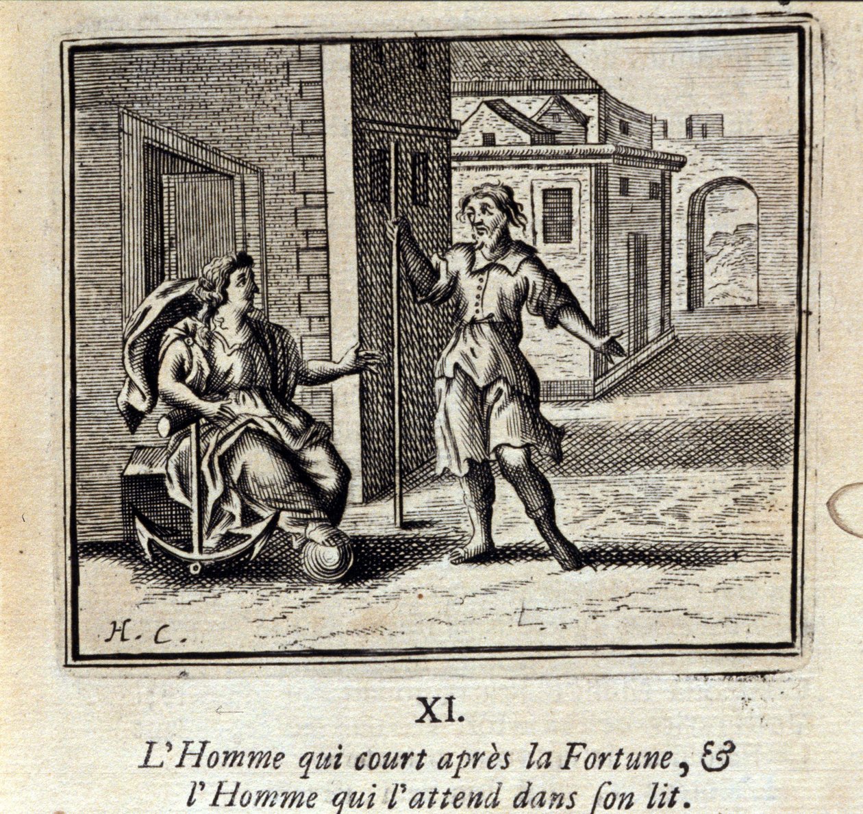 Muž, který běží za Štěstěnou, a Muž, který na něj čeká v posteli. Bajky od Jeana de La Fontaine (1621-95). Ilustrace François Chauveau (1613-1676). Vydání z roku 1728. od Francois Chauveau