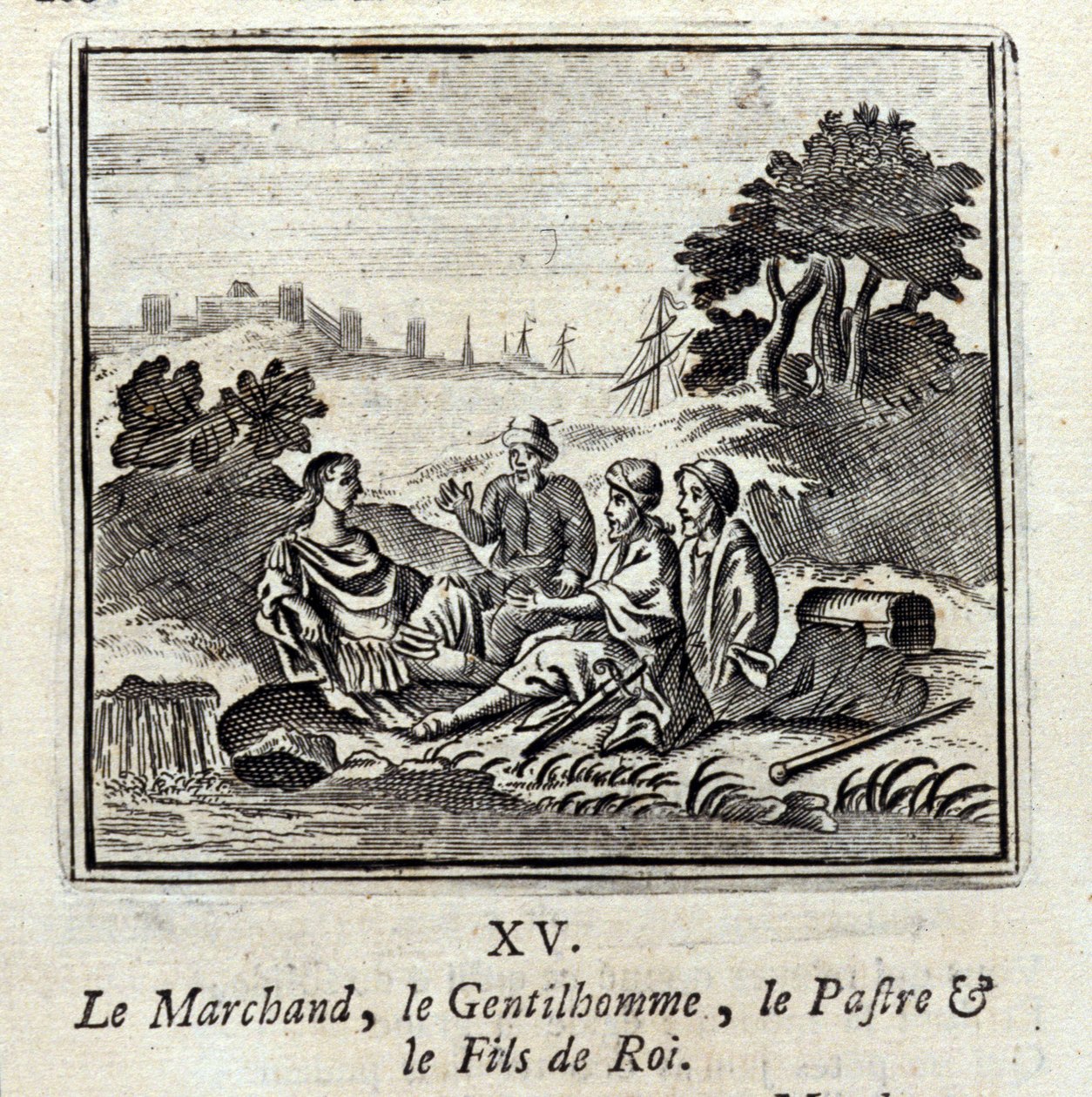 Kupec, Gentilman, Patra a Syn krále. Bajky Jean de La Fontaine (1621-95). Ilustrace François Chauveau (1613-1676). Vydání z roku 1728. od Francois Chauveau