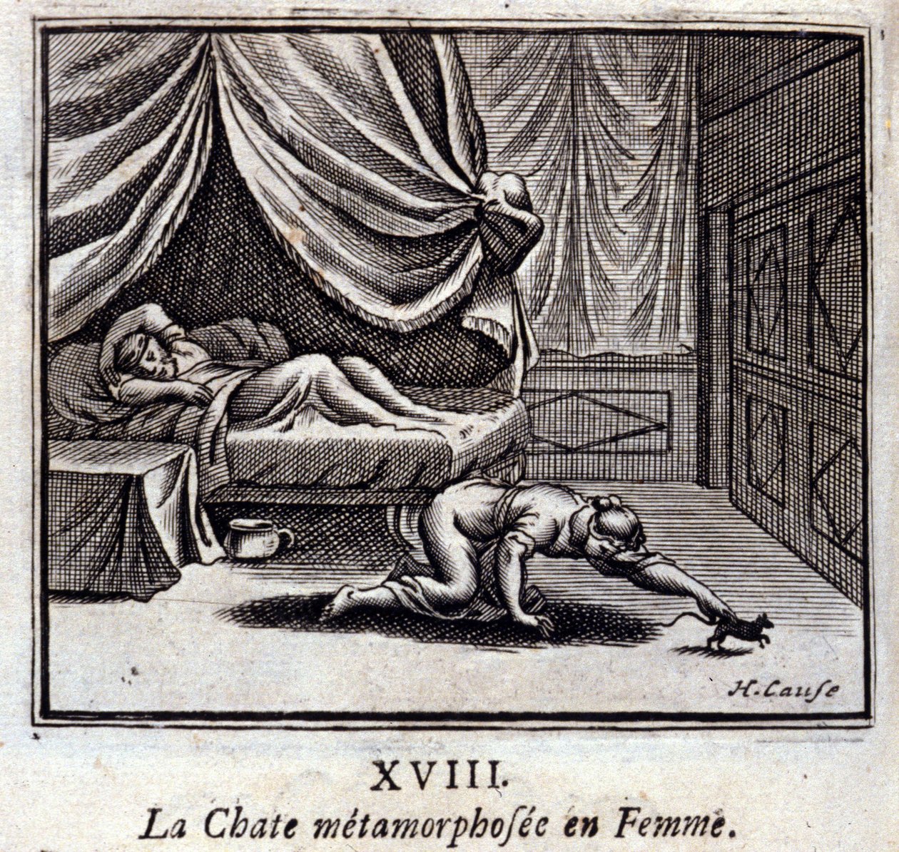Metamorfovaná kočka v ženě. Bajky od Jeana de La Fontaine (1621-95). Ilustrace François Chauveau (1613-1676). Vydání z roku 1728. od Francois Chauveau