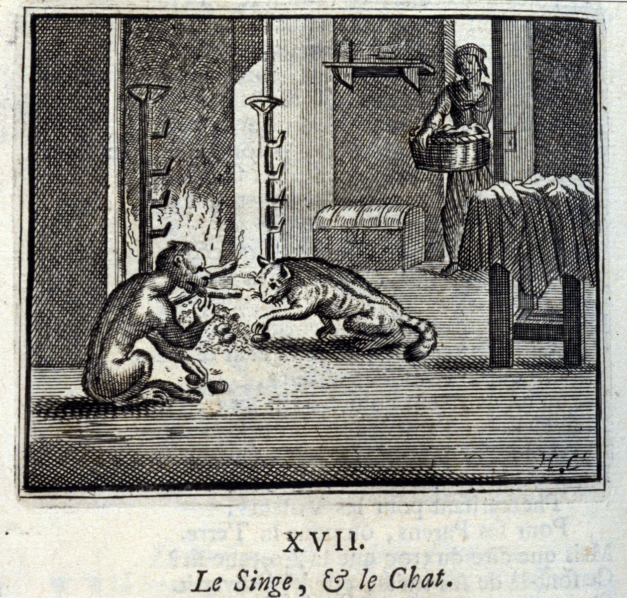 Opice a kočka. Bajky Jean de La Fontaine (1621-95). Ilustrace Francois Chauveau (1613-1676). Vydání z roku 1728. od Francois Chauveau
