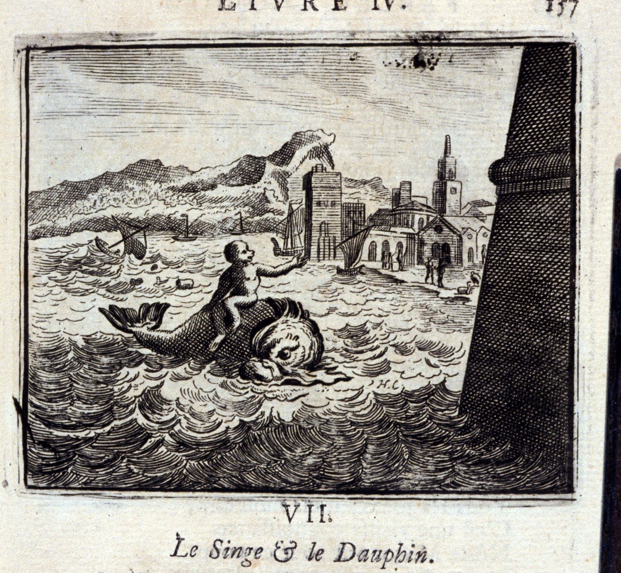 Opice a dauphin. Bajky Jean de La Fontaine (1621-95). Ilustrace Francois Chauveau (1613-1676). Vydání z roku 1728. od Francois Chauveau
