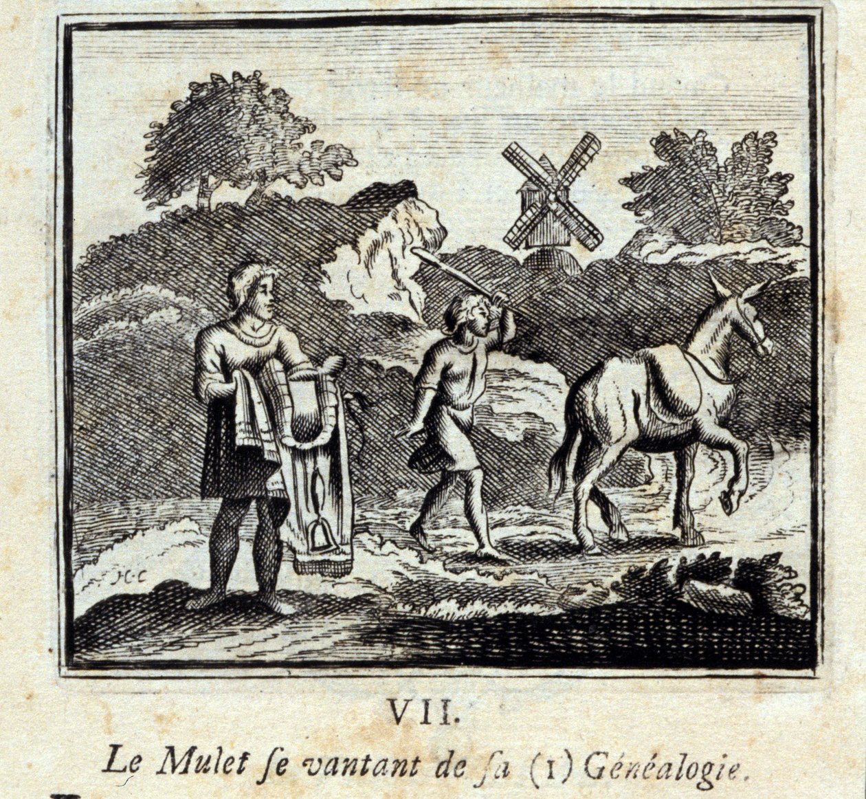 Mullet se chlubí svou genealogií. Bajky Jean de La Fontaine (1621-95). Ilustrace François Chauveau (1613-1676). Vydání z roku 1728. od Francois Chauveau
