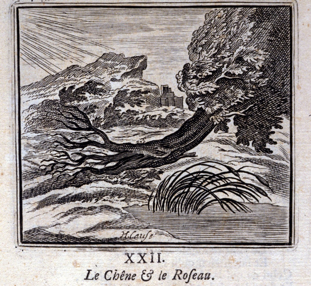 Dub a rákos. Bajky Jean de La Fontaine (1621-95). Ilustrace François Chauveau (1613-1676). Vydání z roku 1728. od Francois Chauveau