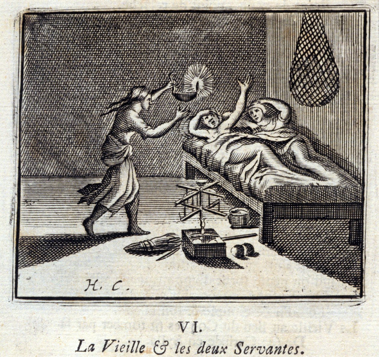 Stará dáma a dva sluhové. Bajky Jean de La Fontaine (1621-95). Ilustrace François Chauveau (1613-1676). Vydání z roku 1728. od Francois Chauveau