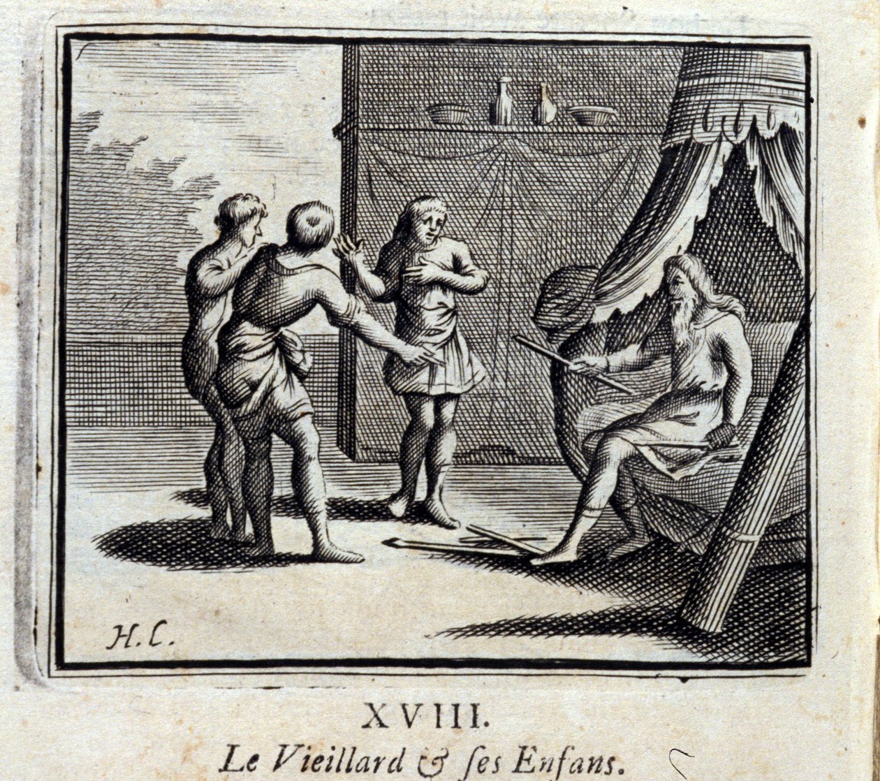 Stařec a jeho děti. Bajky Jean de La Fontaine (1621-95). Ilustrace François Chauveau (1613-1676). Vydání z roku 1728. od Francois Chauveau
