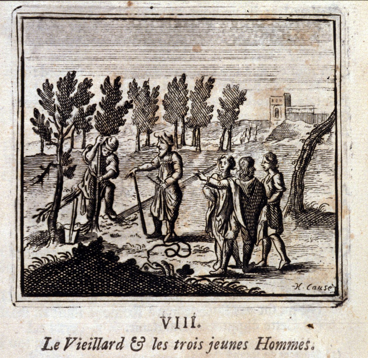 Stařec a tři mladí muži. Bajky Jean de La Fontaine (1621-95). Ilustrace François Chauveau (1613-1676). Vydání z roku 1728. od Francois Chauveau