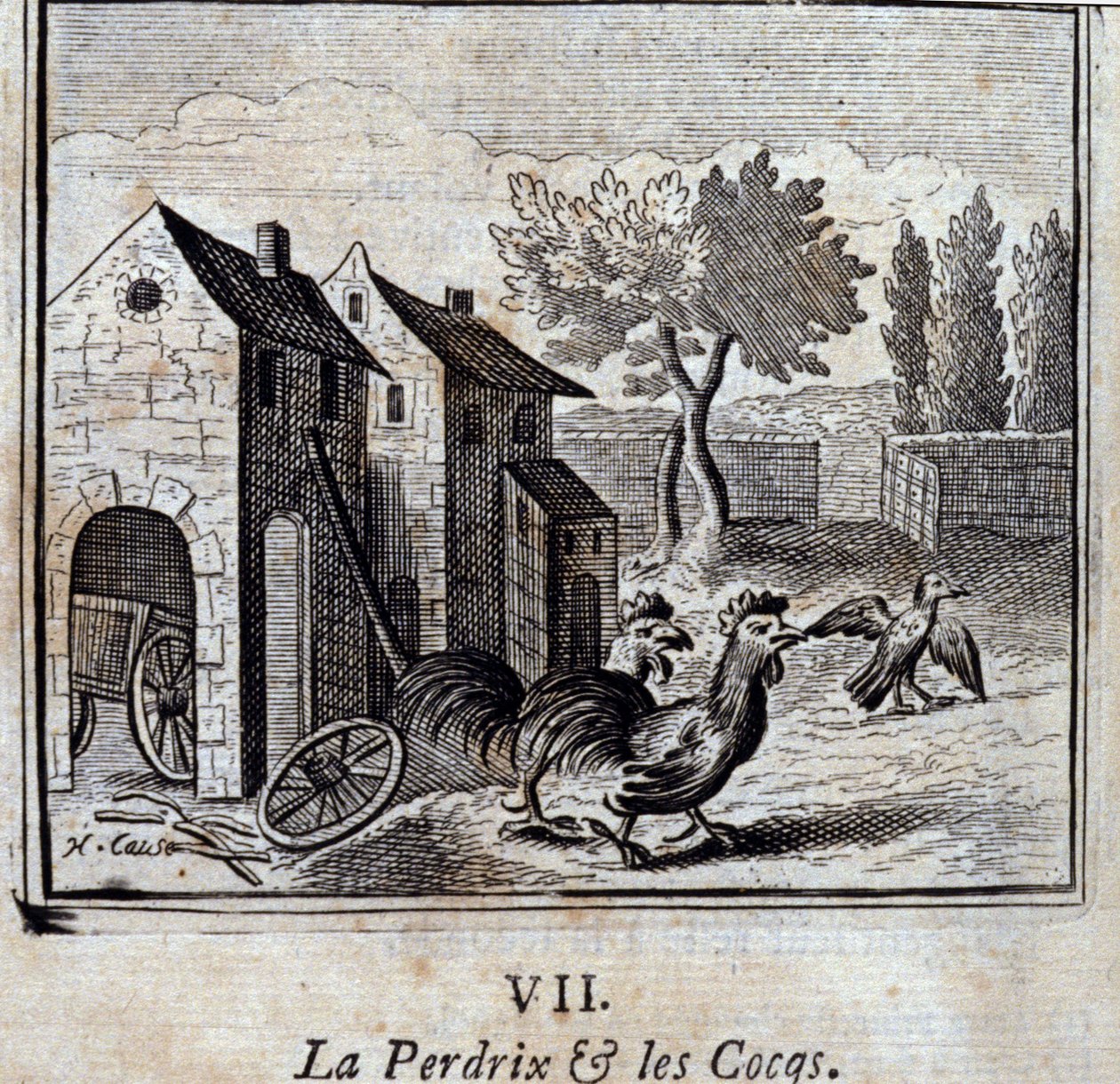 Koroptev a kohouti. Bajky Jean de La Fontaine (1621-95). Ilustrace François Chauveau (1613-1676). Vydání z roku 1728. od Francois Chauveau