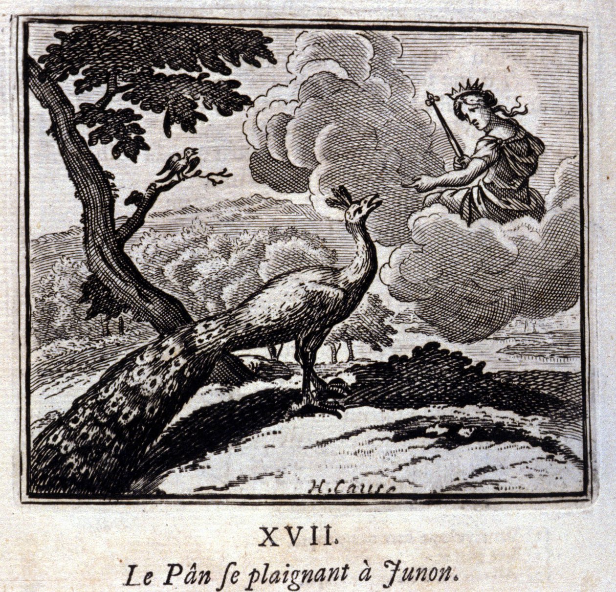 Páv si stěžuje Junonovi. Bajky by Jean de La Fontaine (1621-95). Ilustrace François Chauveau (1613-1676). Vydání z roku 1728. od Francois Chauveau