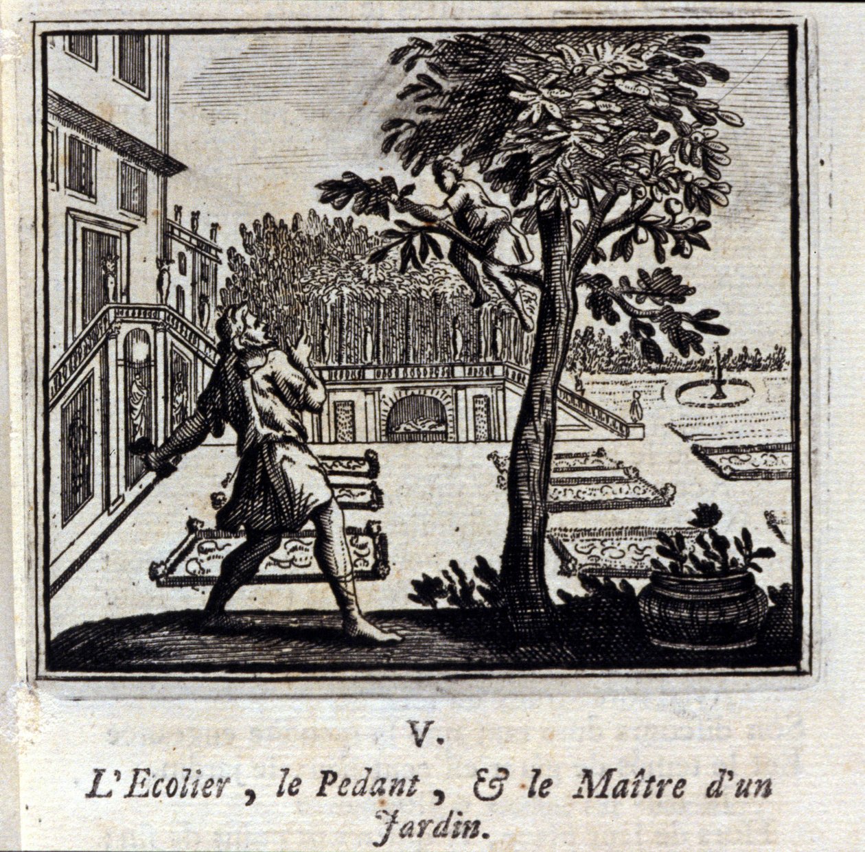 Pedantská škola a Mistr zahrady. Bajky Jean de La Fontaine (1621-95). Ilustrace François Chauveau (1613-1676). Vydání z roku 1728. od Francois Chauveau