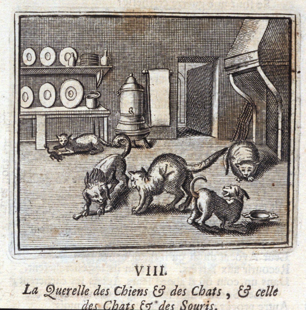 Querelle psů a koček a koček a myší. Bajky Jean de La Fontaine (1621-95). Ilustrace François Chauveau (1613-1676). Vydání z roku 1728. od Francois Chauveau