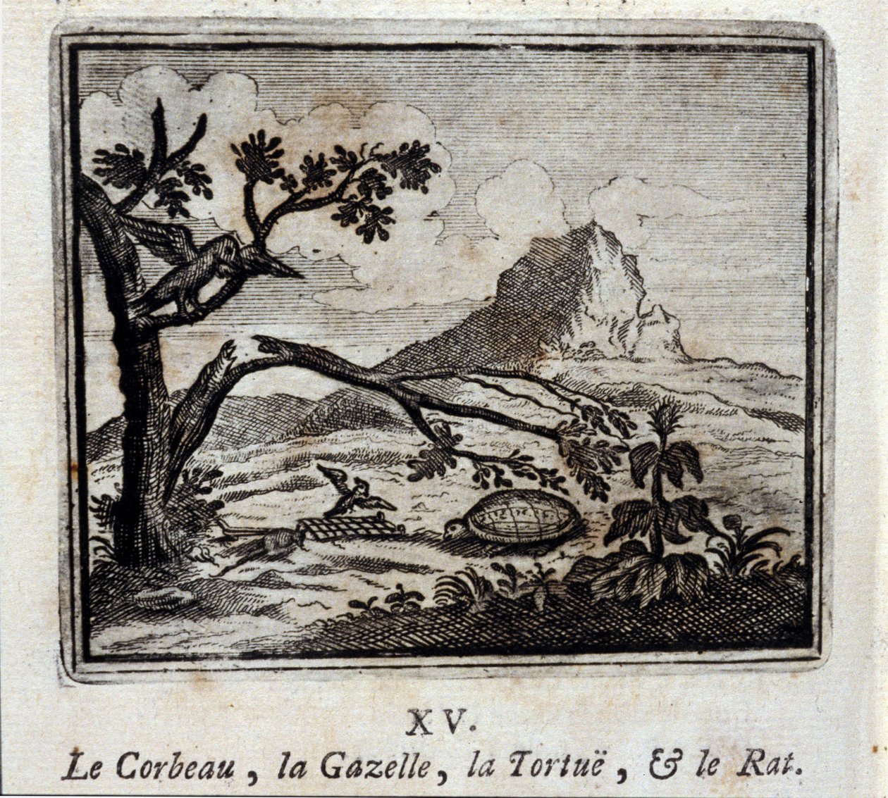 Havran, Gazela, Želva a Krysa. Bajky Jean de La Fontaine (1621-95). Ilustrace François Chauveau (1613-1676). Vydání z roku 1728. od Francois Chauveau