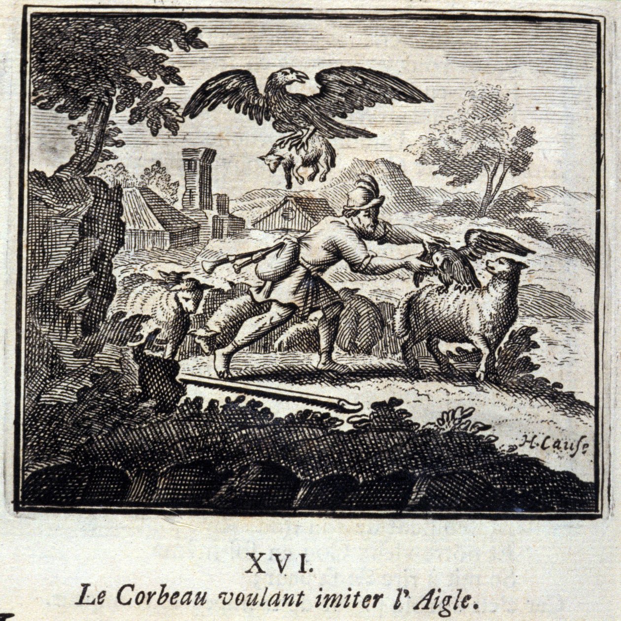 Havran chce napodobit Orla. Bajky Jean de La Fontaine (1621-95). Ilustrace François Chauveau (1613-1676). Vydání z roku 1728. od Francois Chauveau