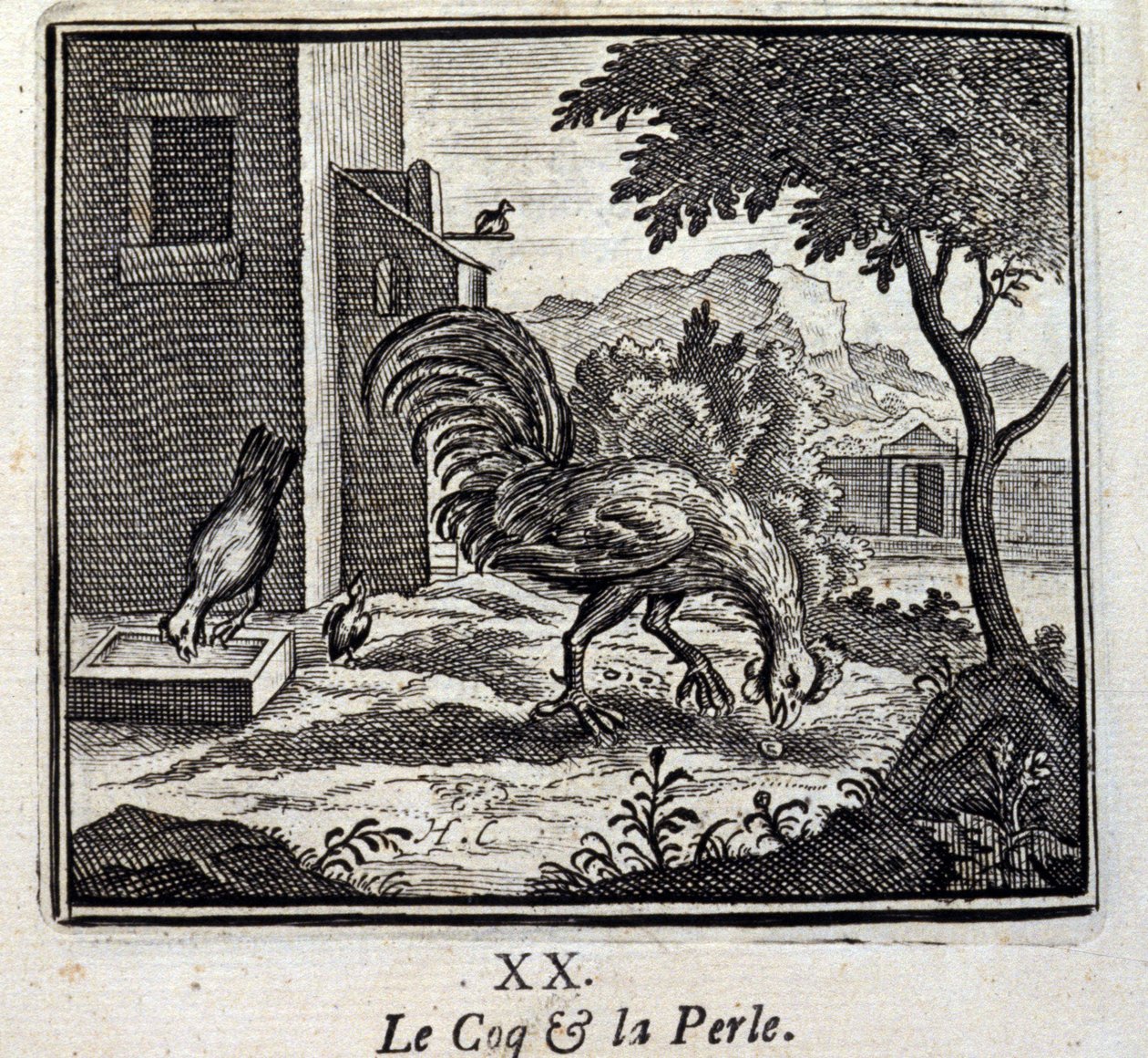 Kohout a perla. Bajky Jean de La Fontaine (1621-95). Ilustrace François Chauveau (1613-1676). Vydání z roku 1728. od Francois Chauveau