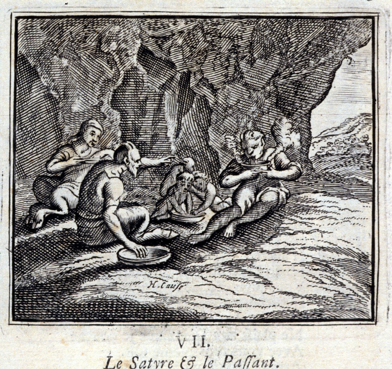 Satyr a cestující. Bajky Jean de La Fontaine (1621-95). Ilustrace François Chauveau (1613-1676). Vydání z roku 1728. od Francois Chauveau