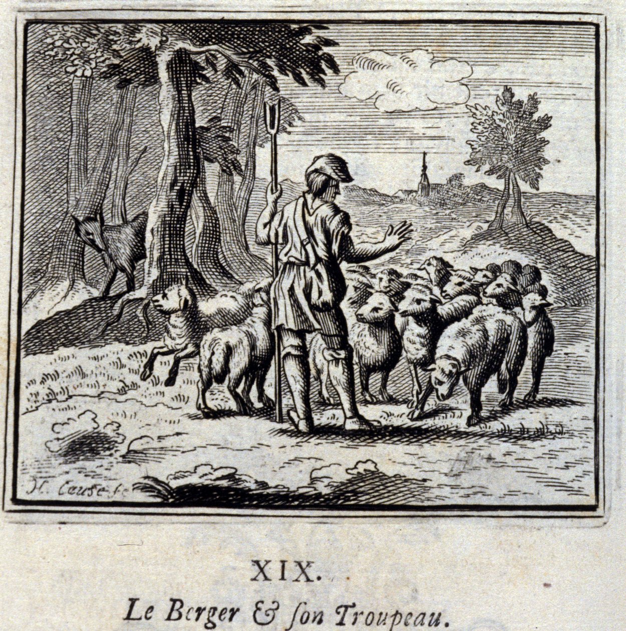 Pastýř a jeho stádo. Bajky od Jeana de La Fontaine (1621-95). Ilustrace François Chauveau (1613-1676). Vydání z roku 1728. od Francois Chauveau