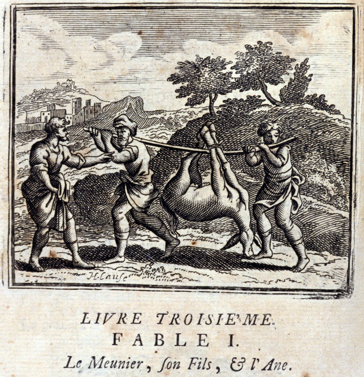 Přísavka, jeho syn a osel. Bajky Jean de La Fontaine (1621-95). Ilustrace François Chauveau (1613-1676). Vydání z roku 1728. od Francois Chauveau