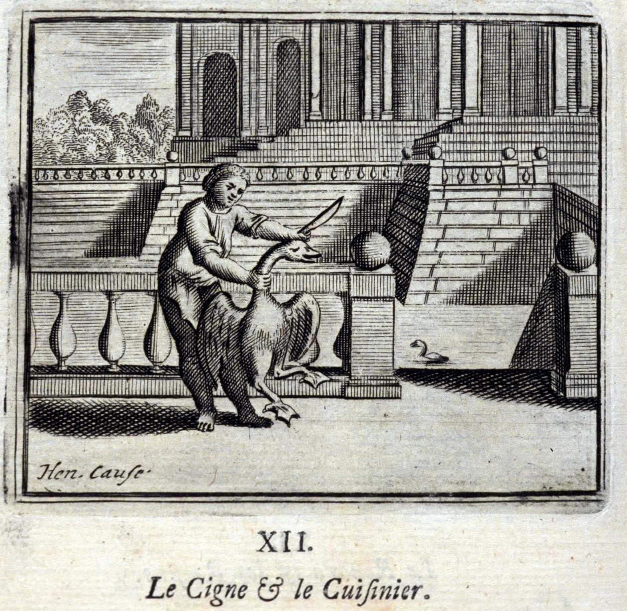 Labuť a kuchařka. Bajky Jean de La Fontaine (1621-95). Ilustrace Francois Chauveau (1613-1676). Vydání z roku 1728. od Francois Chauveau