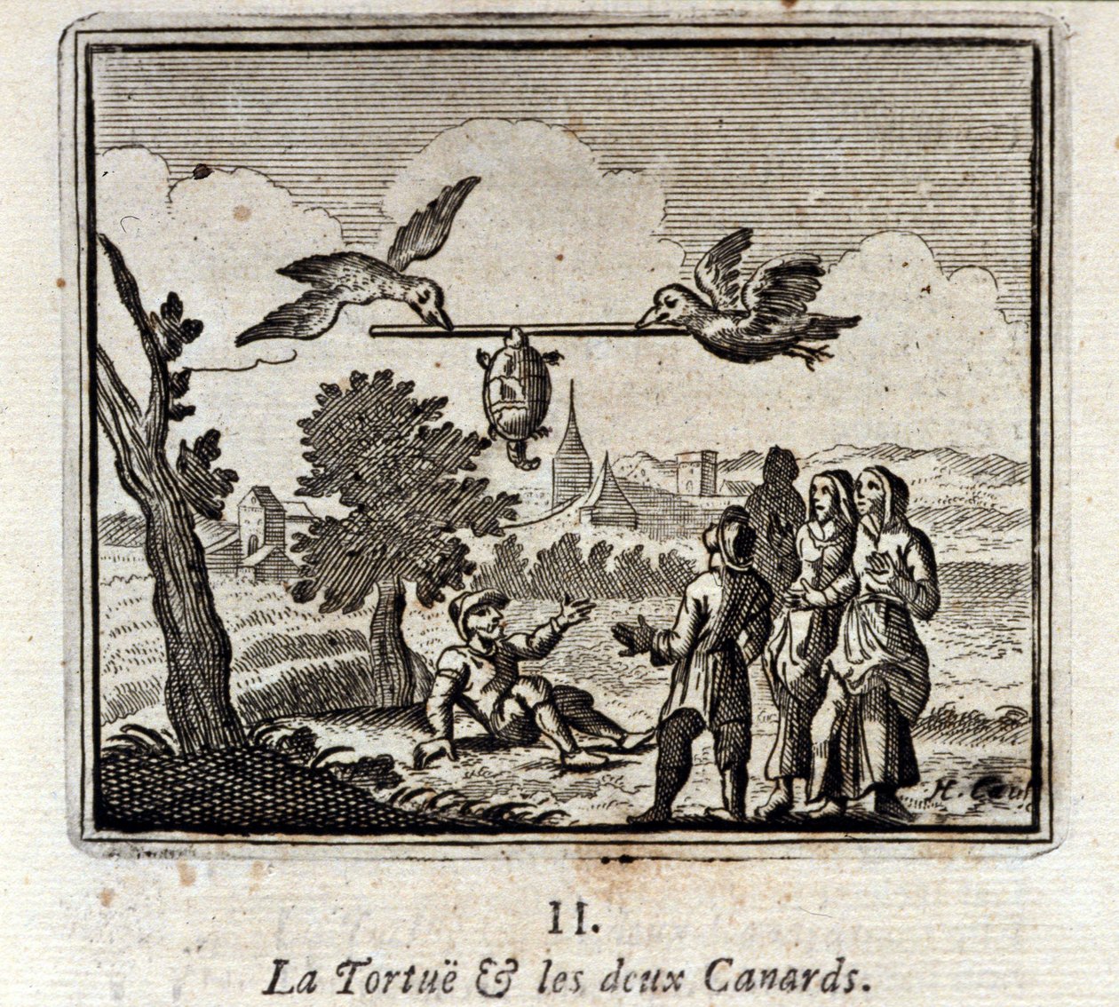 Želva a dvě kachny. Bajky Jean de La Fontaine (1621-95). Ilustrace François Chauveau (1613-1676). Vydání z roku 1728. od Francois Chauveau