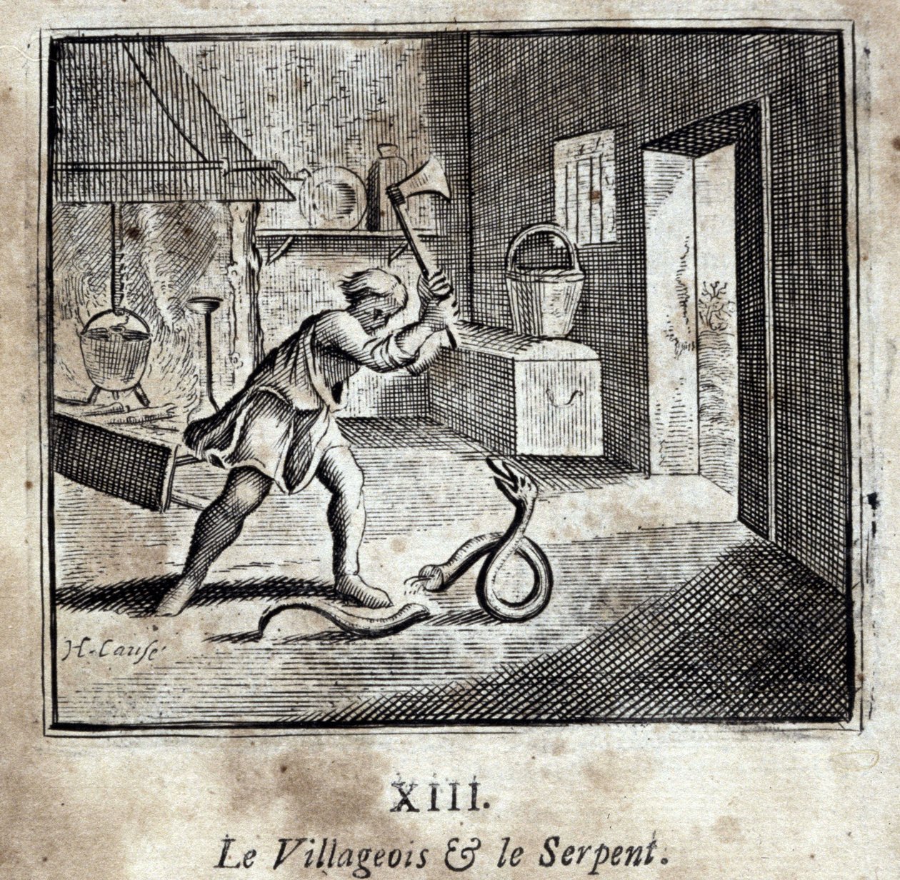 Vesničan a had. Bajky Jean de La Fontaine (1621-95). Ilustrace François Chauveau (1613-1676). Vydání z roku 1728. od Francois Chauveau