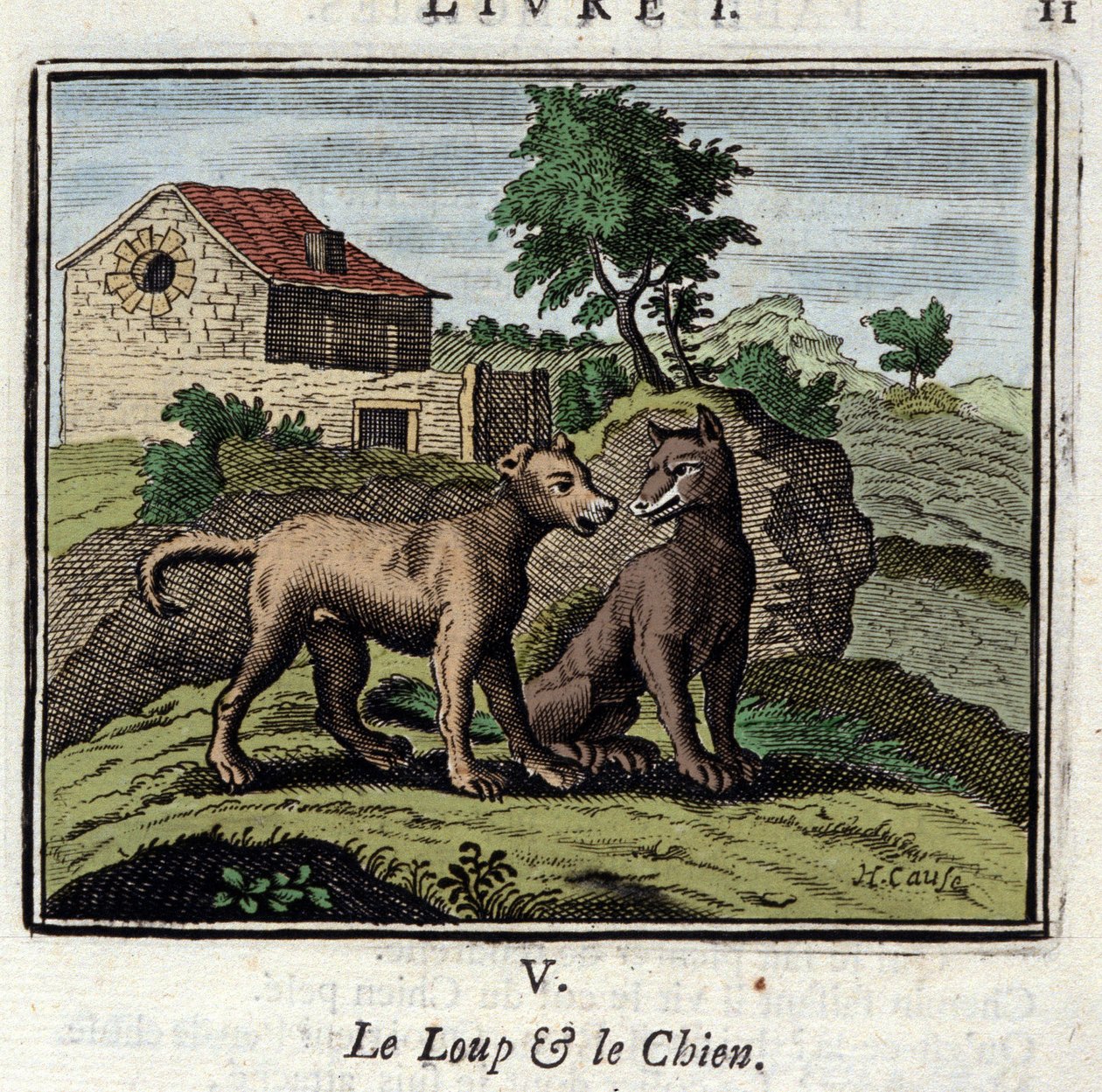 Vlk a pes. Bajky Jean de La Fontaine (1621-1695). Ilustrace Francois Chauveau (1613-1676). Vydání z roku 1728. od Francois Chauveau
