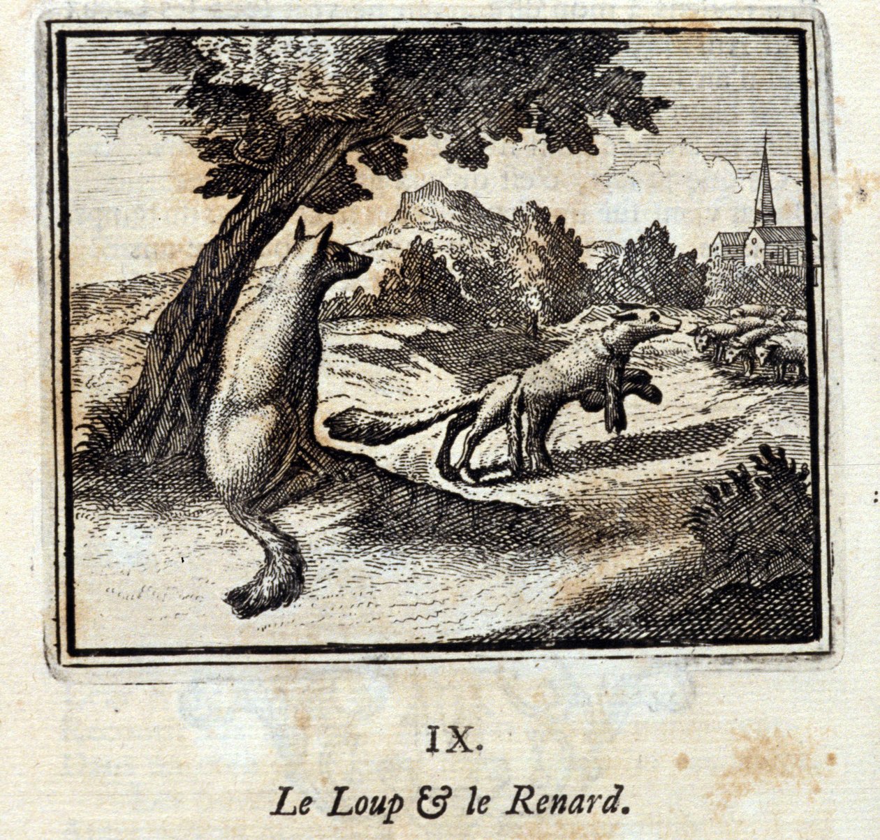 Vlk a liška. Bajky Jean de La Fontaine (1621-95). Ilustrace François Chauveau (1613-1676). Vydání z roku 1728. od Francois Chauveau