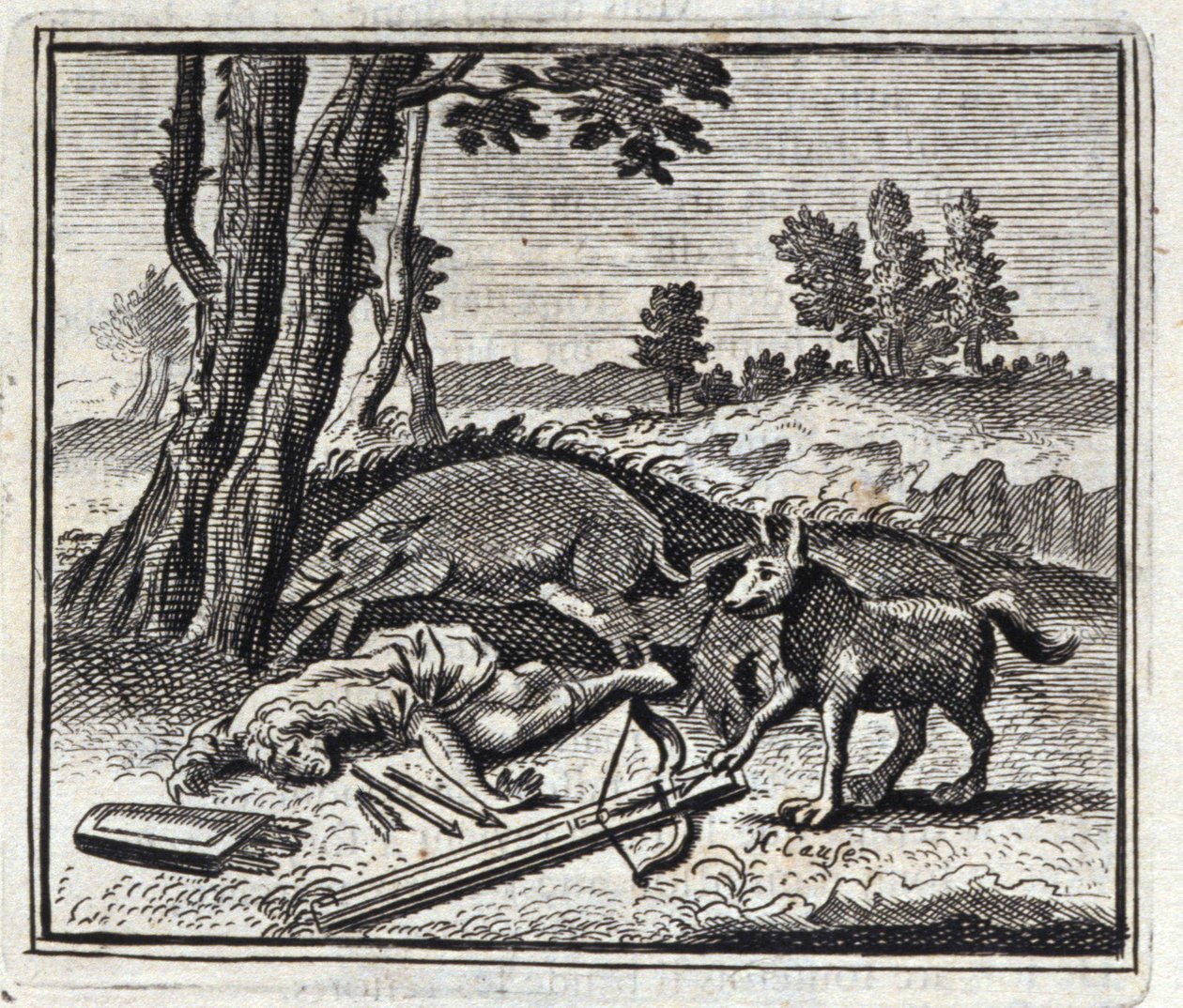 Vlk a lovec. Bajky Jean de La Fontaine (1621-95). Ilustrace François Chauveau (1613-1676). Vydání z roku 1728. od Francois Chauveau