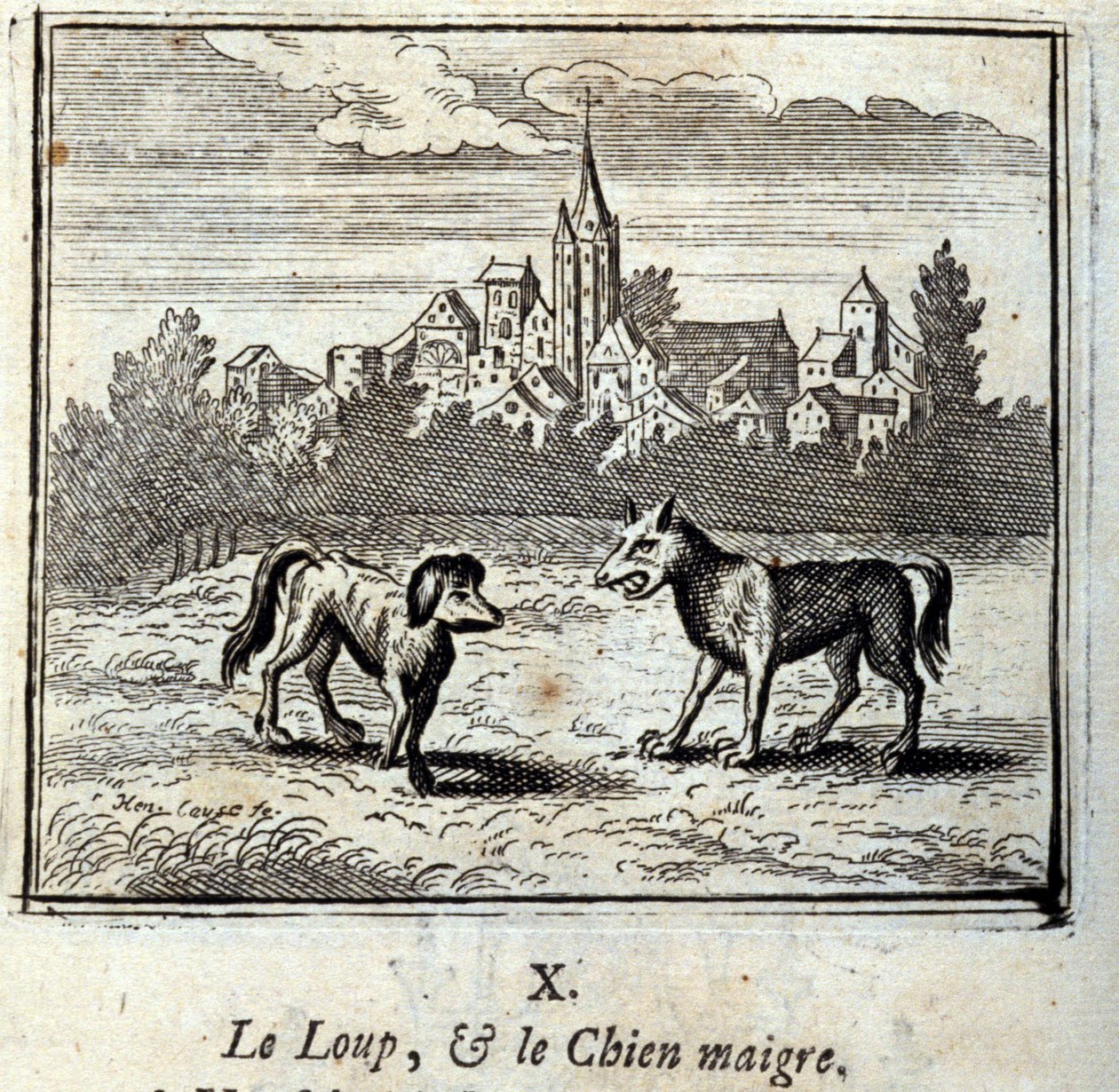 Vlk a štíhlý pes. Bajky Jean de La Fontaine (1621-95). Ilustrace François Chauveau (1613-1676). Vydání z roku 1728. od Francois Chauveau
