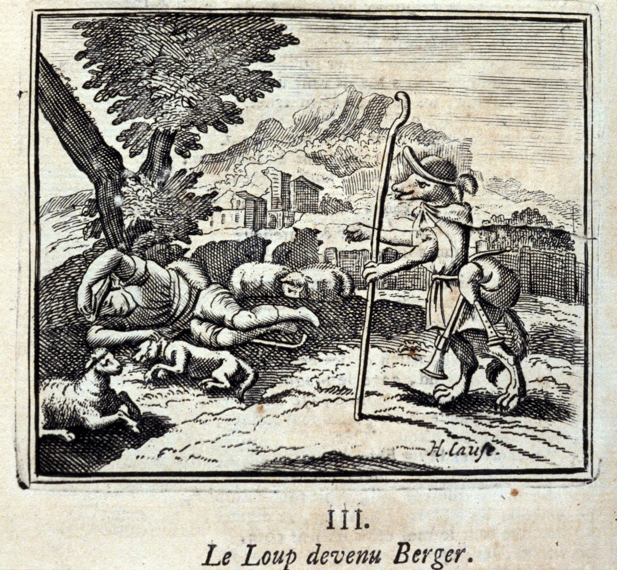 Z Vlka se stal Berger. Bajky Jeana de La Fontaina (1621-95). Ilustrace François Chauveau (1613-1676). Vydání z roku 1728. od Francois Chauveau