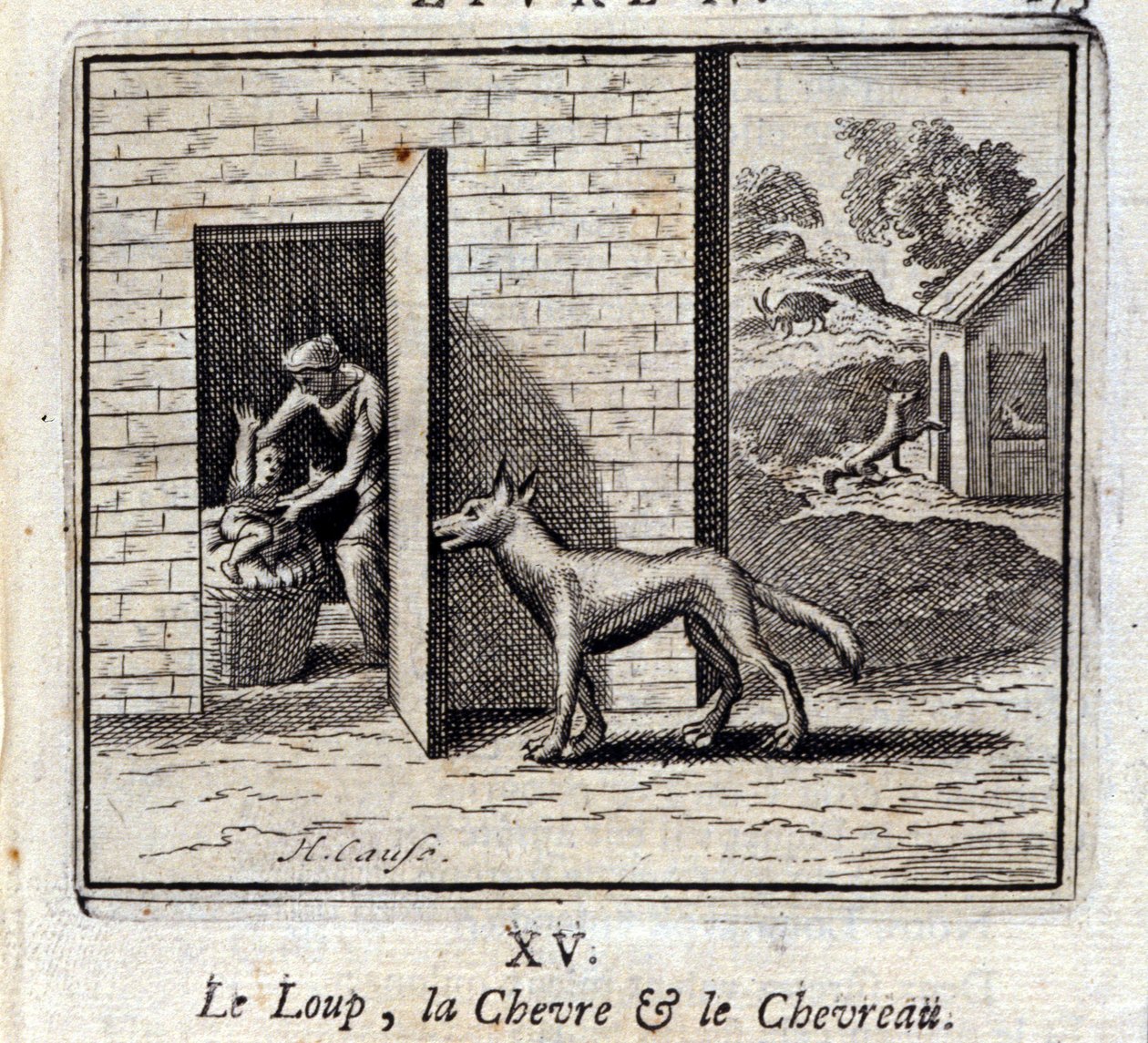 Vlk, koza a koza. Bajky Jean de La Fontaine (1621-95). Ilustrace François Chauveau (1613-1676). Vydání z roku 1728. od Francois Chauveau