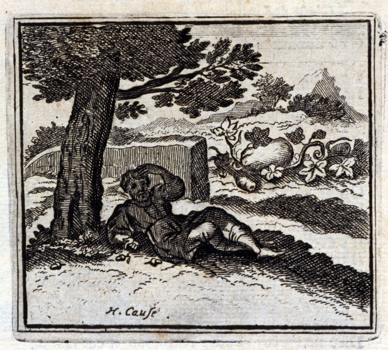 Žalud a dýně. Bajky Jean de La Fontaine (1621-95). Ilustrace François Chauveau (1613-1676). Vydání z roku 1728. od Francois Chauveau