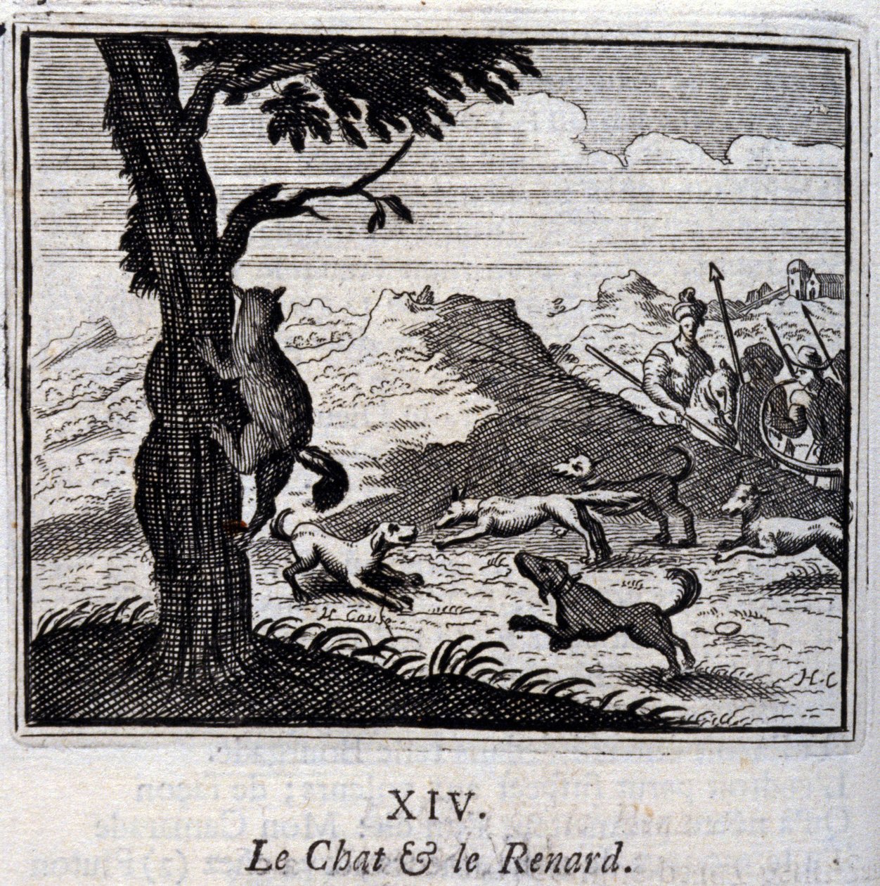 Kočka a liška. Bajky Jean de La Fontaine (1621-95). Ilustrace François Chauveau (1613-1676). Vydání z roku 1728. od Francois Chauveau