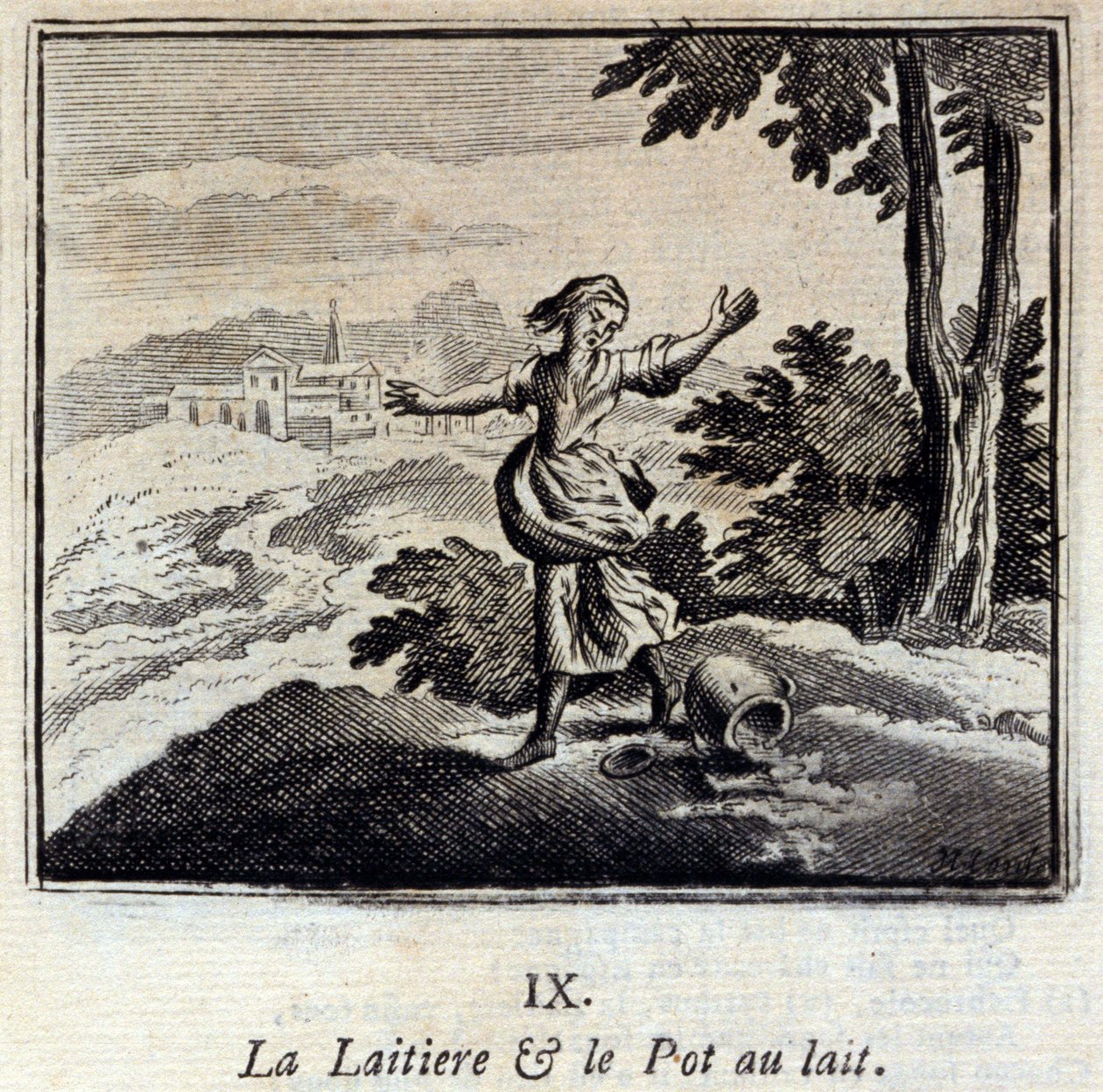 Mlékárna a sklenice na mléko. Bajky Jean de La Fontaine (1621-95). Ilustrace François Chauveau (1613-1676). Vydání z roku 1728. od Francois Chauveau