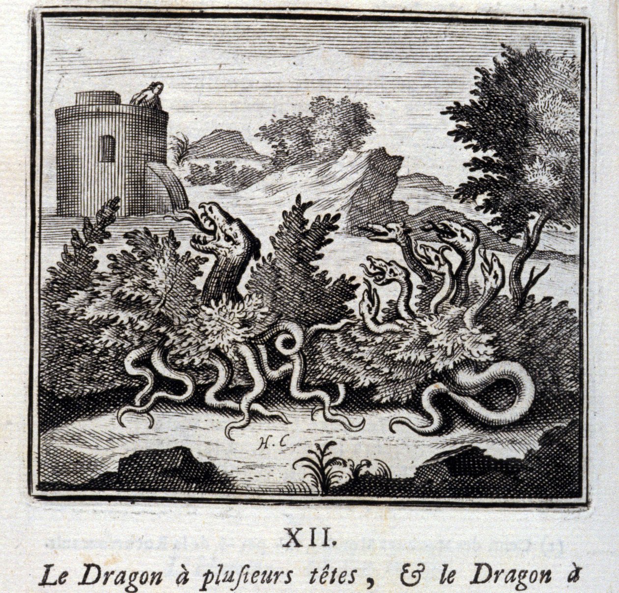 Drak má několik hlav a drak má několik ocasů. Bajky Jean de La Fontaine (1621-95). Ilustrace François Chauveau (1613-1676). Vydání z roku 1728. od Francois Chauveau