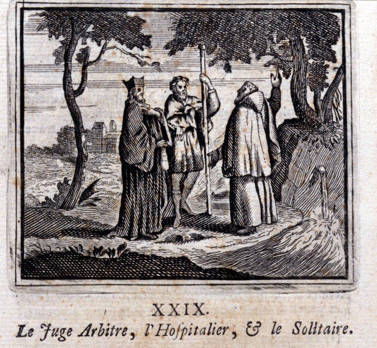 Rozhodčí rozhoduje Hospitaller a Solitaire. Bajky Jean de La Fontaine (1621-95). Ilustrace Francois Chauveau (1613-1676). Vydání z roku 1728. od Francois Chauveau