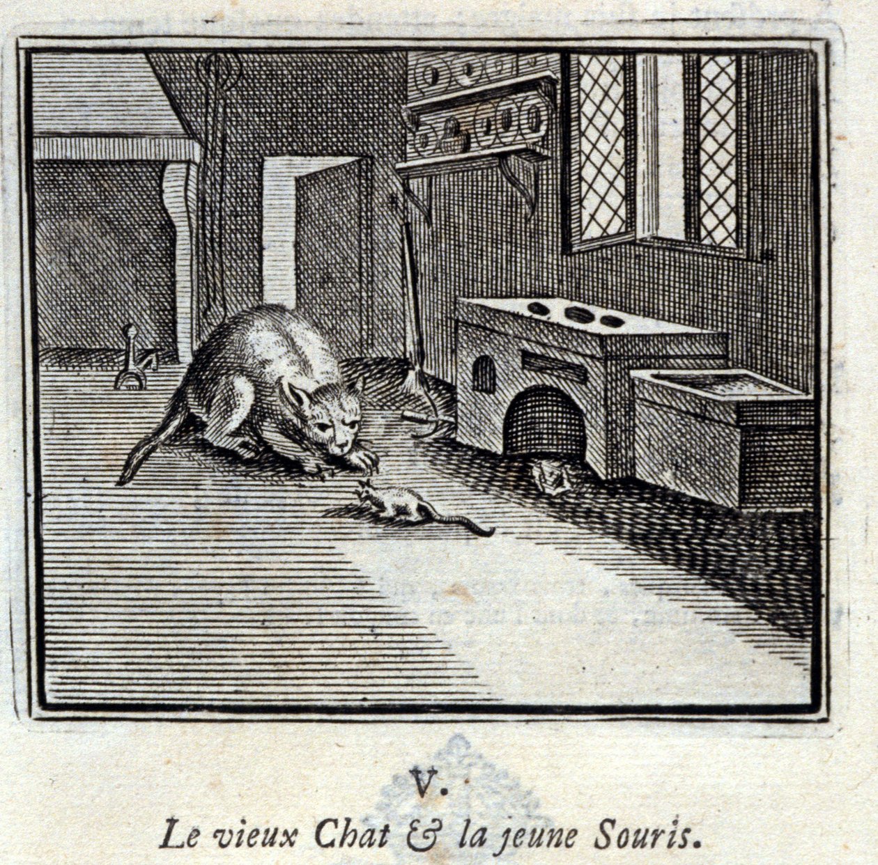 Stará kočka a mladá myš. Bajky Jean de La Fontaine (1621-95). Ilustrace François Chauveau (1613-1676). Vydání z roku 1728. od Francois Chauveau