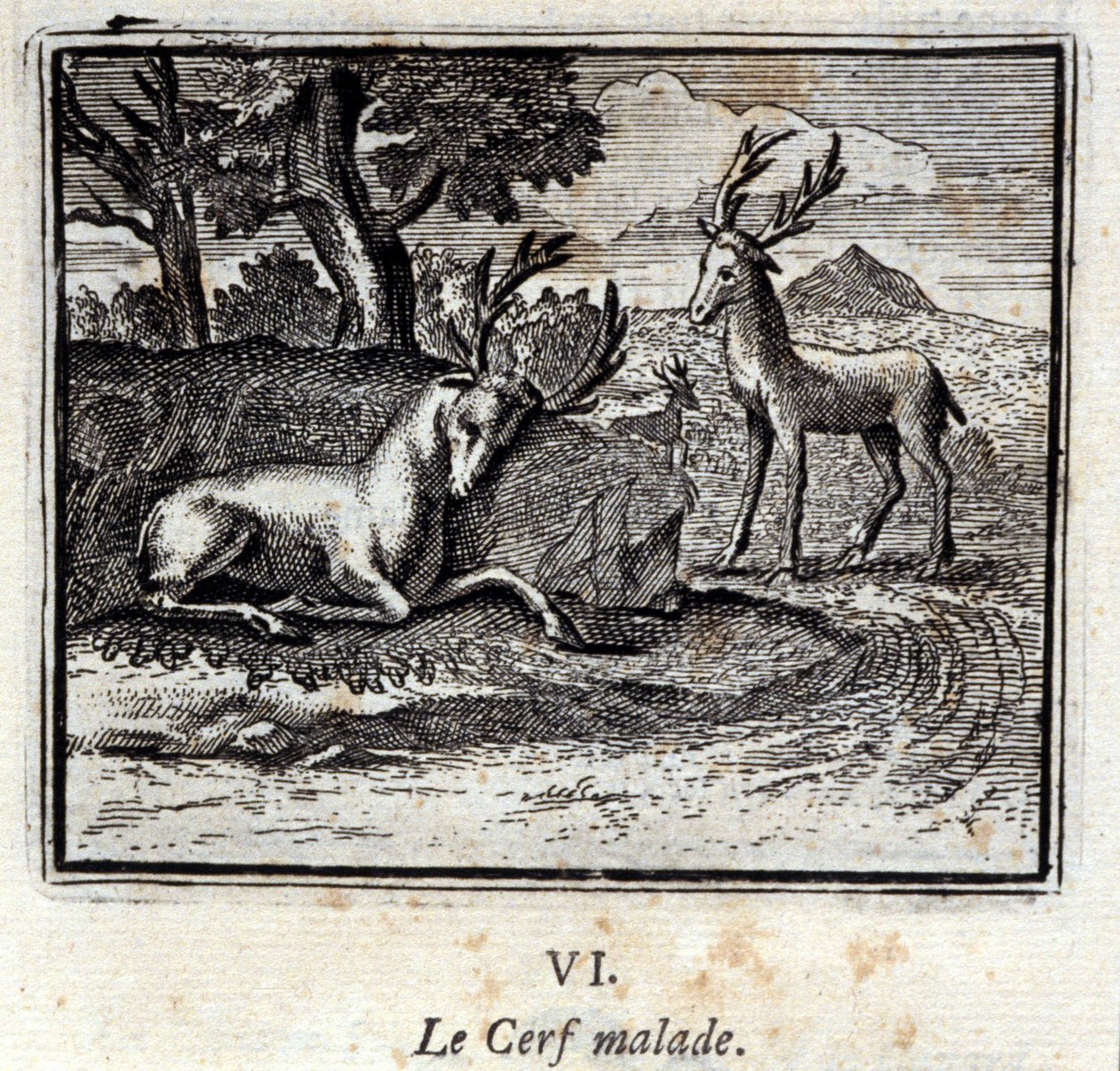 Nemocný jelen. Bajky Jean de La Fontaine (1621-95). Ilustrace François Chauveau (1613-1676). Vydání z roku 1728. od Francois Chauveau