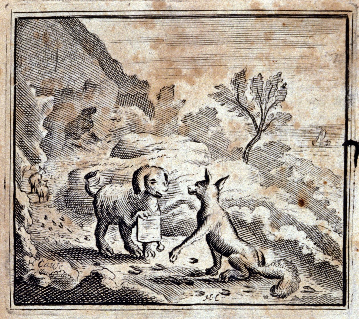 Nemocný lev a liška. Bajky Jean de La Fontaine (1621-95). Ilustrace François Chauveau (1613-1676). Vydání z roku 1728. od Francois Chauveau