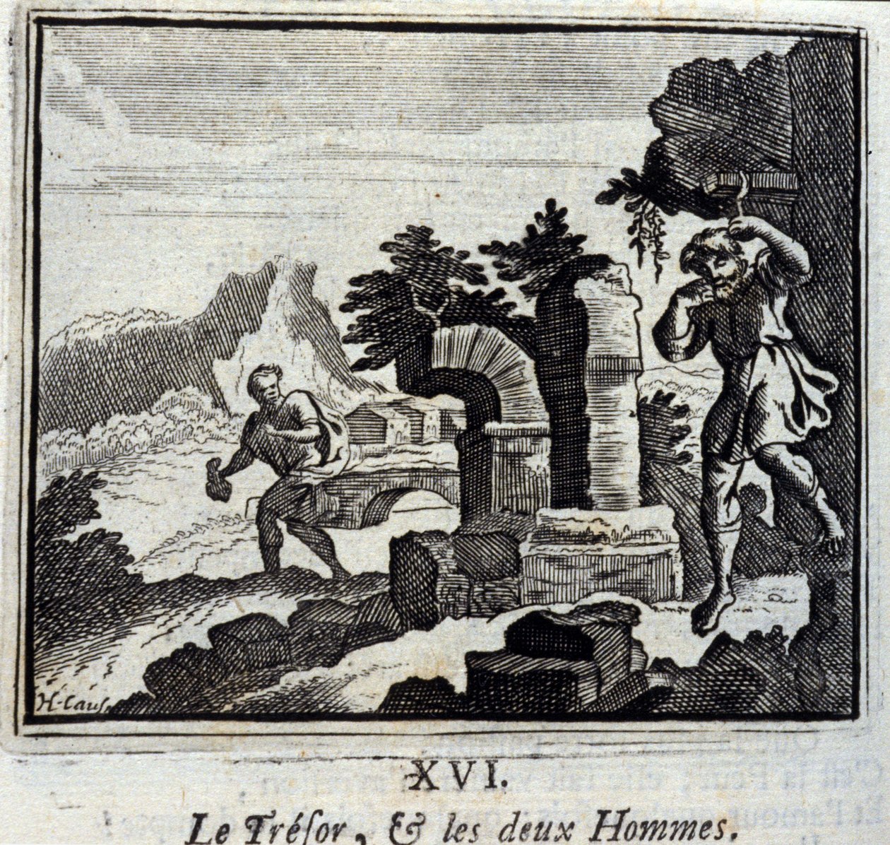 Pokladník a dva muži. Bajky Jean de La Fontaine (1621-95). Ilustrace François Chauveau (1613-1676). Vydání z roku 1728. od Francois Chauveau