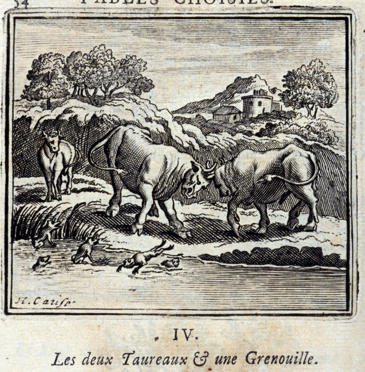 Dva býci a žába. Bajky Jean de La Fontaine (1621-95). Ilustrace Francois Chauveau (1613-1676). Vydání z roku 1728. od Francois Chauveau