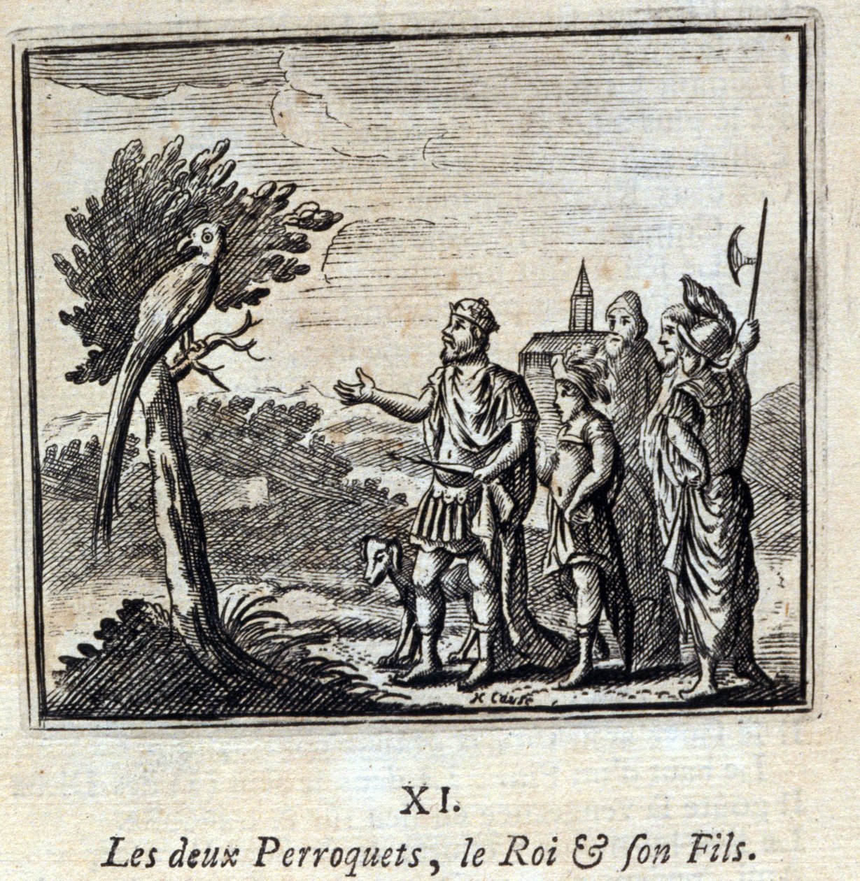 Dva papoušci král a jeho syn. Bajky Jean de La Fontaine (1621-95). Ilustrace François Chauveau (1613-1676). Vydání z roku 1728. od Francois Chauveau