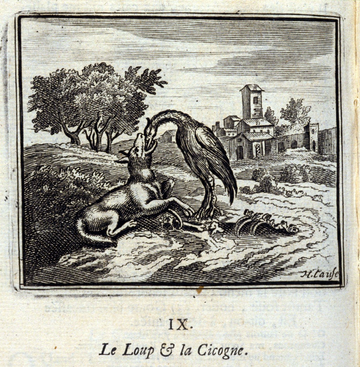 Vlk a čáp. Bajky Jean de La Fontaine (1621-95). Ilustrace François Chauveau (1613-1676). Vydání z roku 1728. od Francois Chauveau